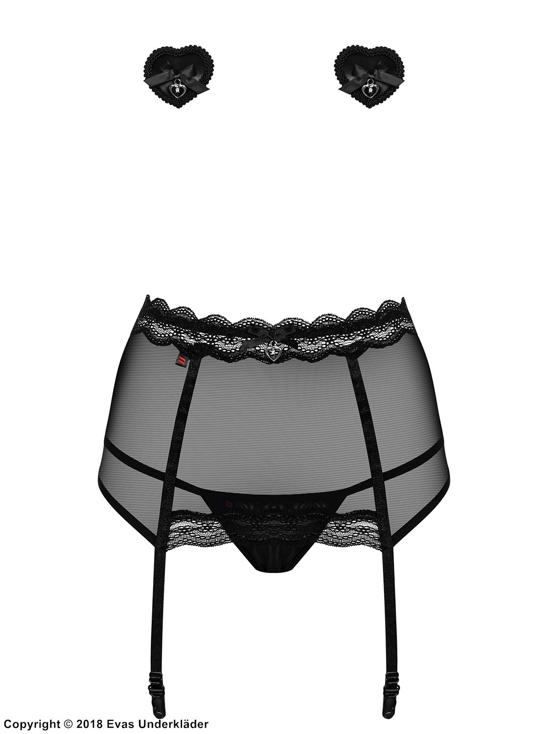 Sexy lingerie set, sheer mesh and lace, lacing, rhinestone heart